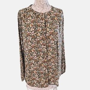 Old Navy Green & Pink Floral Long Sleeve Peasant Poet Blouse Top, Size XL Tall